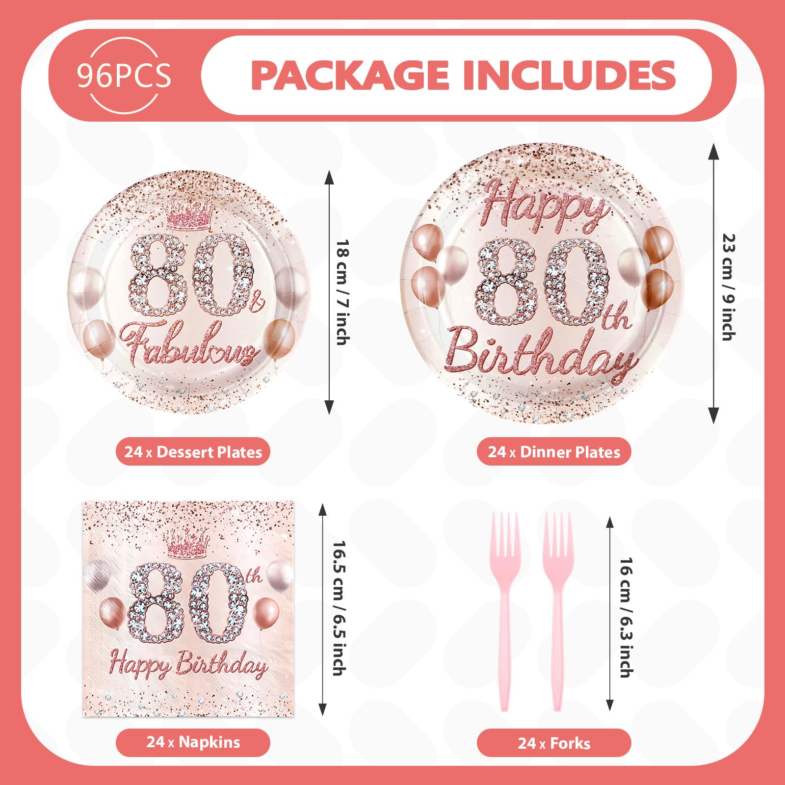 96 Pcs Rose Gold 80th Birthday Party Plates and Napkins - Grencian