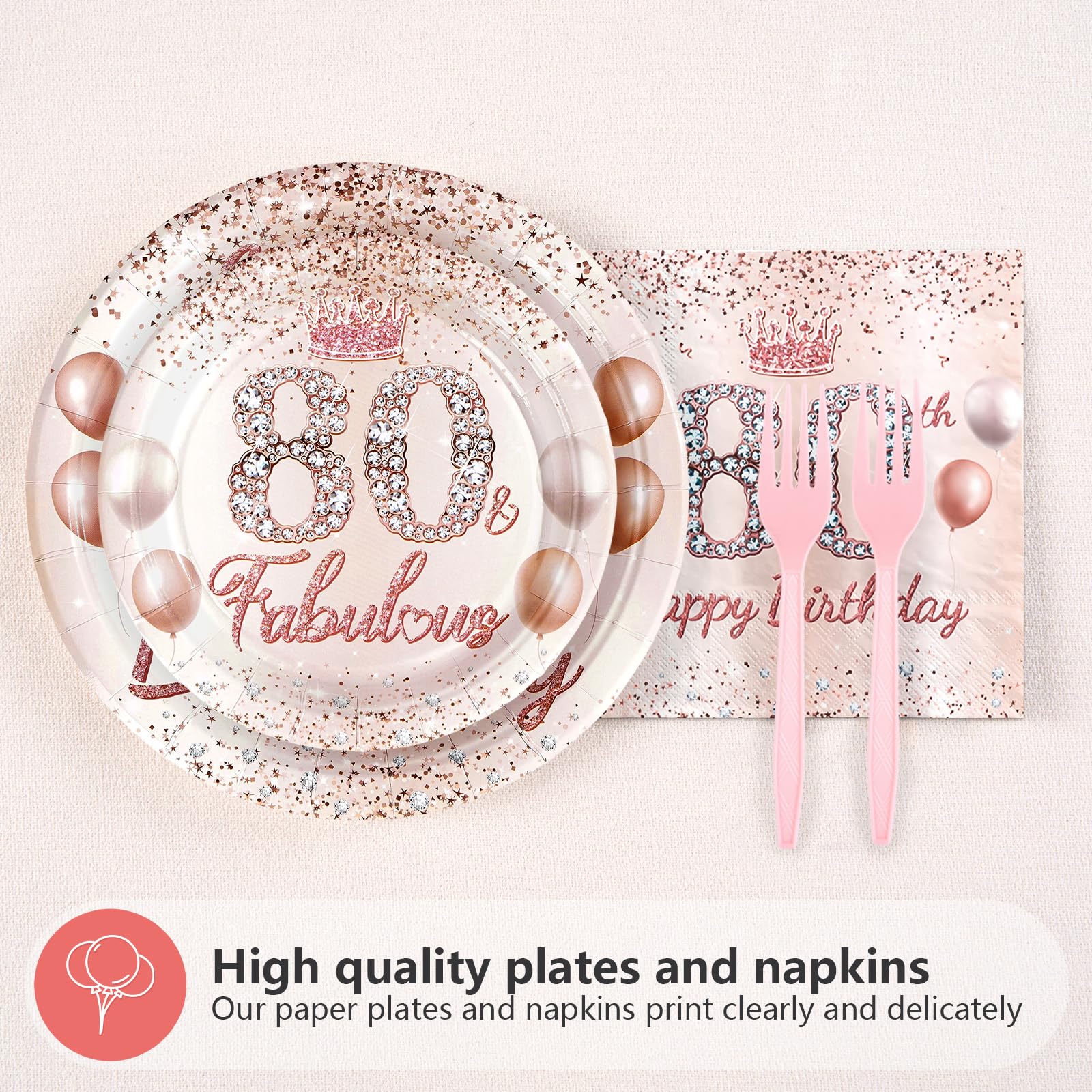 96 Pcs Rose Gold 80th Birthday Party Plates and Napkins - Grencian