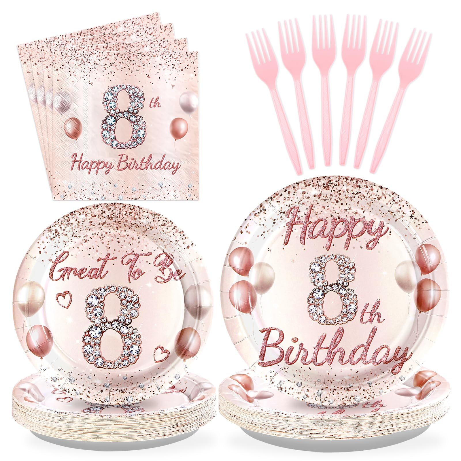 96 Pcs Rose Gold 8th Birthday Party Plates and Napkins - Grencian