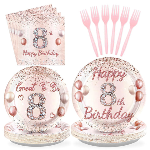 96 Pcs Rose Gold 8th Birthday Party Plates and Napkins - Grencian