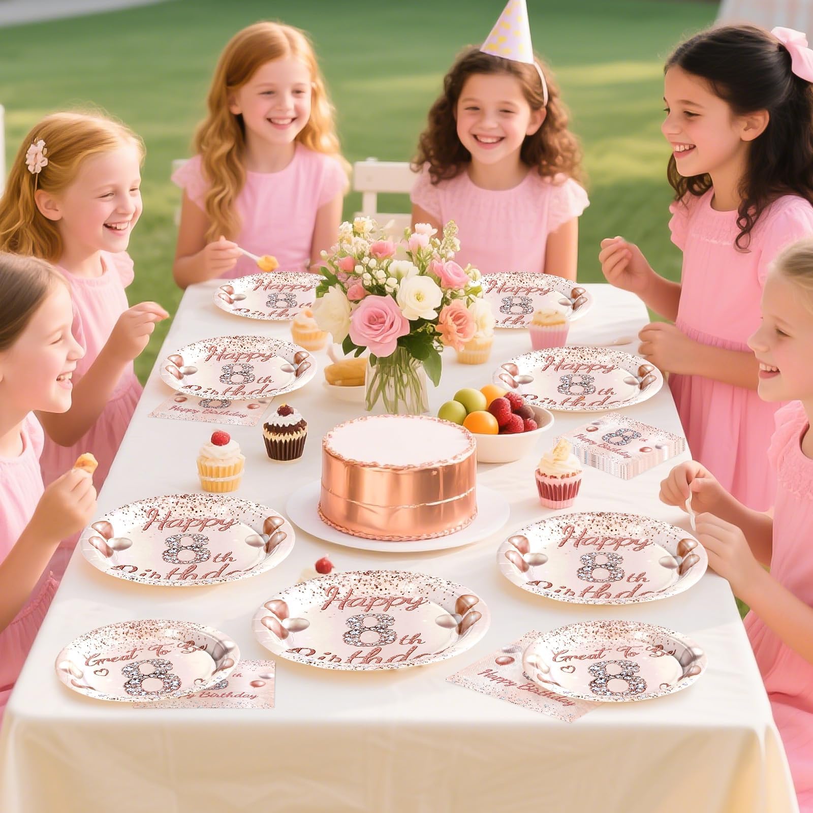 96 Pcs Rose Gold 8th Birthday Party Plates and Napkins - Grencian