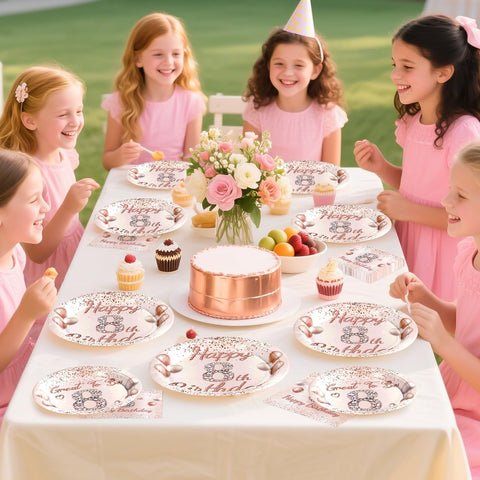 96 Pcs Rose Gold 8th Birthday Party Plates and Napkins - Grencian