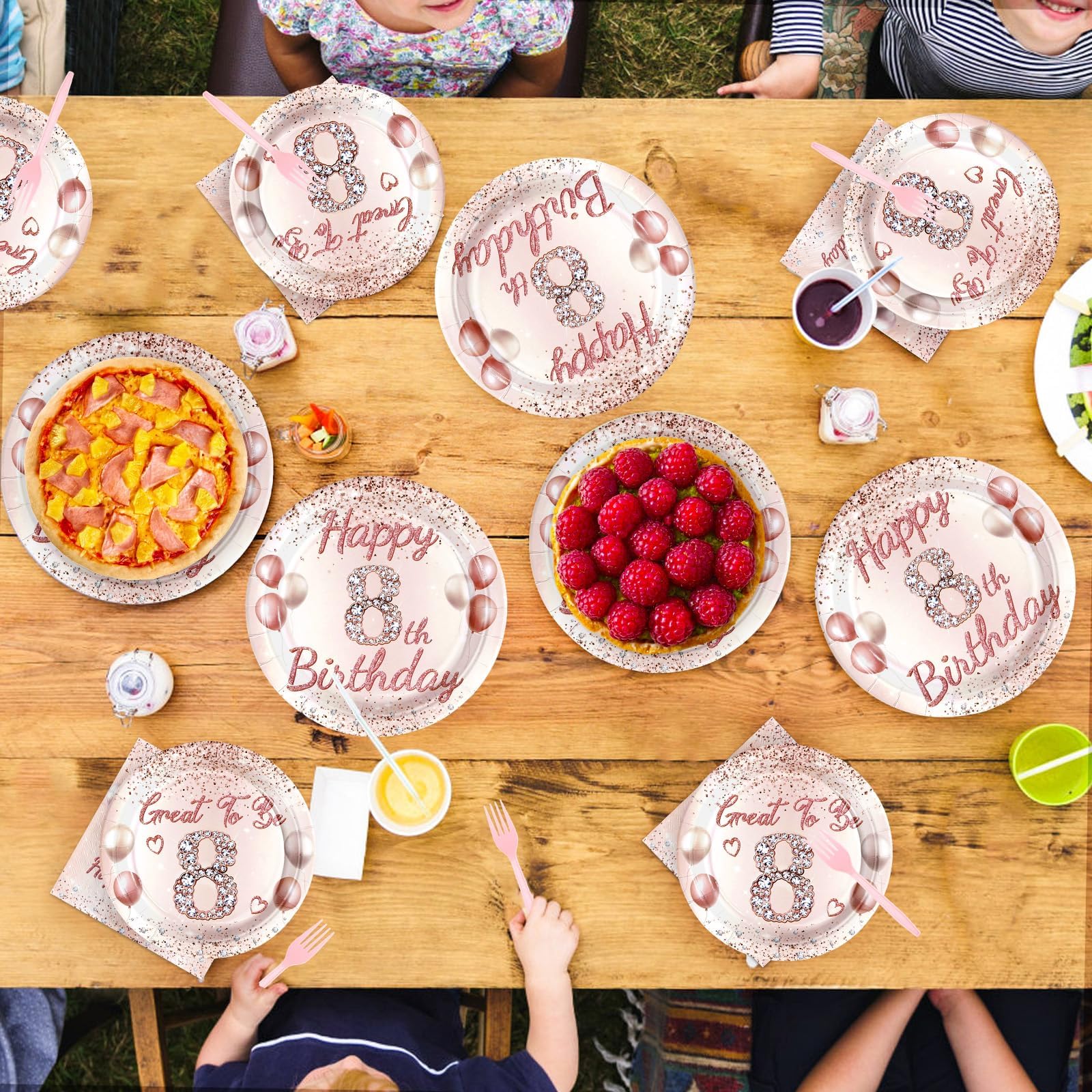 96 Pcs Rose Gold 8th Birthday Party Plates and Napkins - Grencian