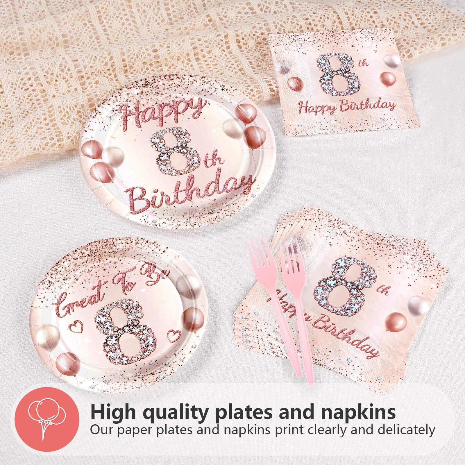 96 Pcs Rose Gold 8th Birthday Party Plates and Napkins - Grencian