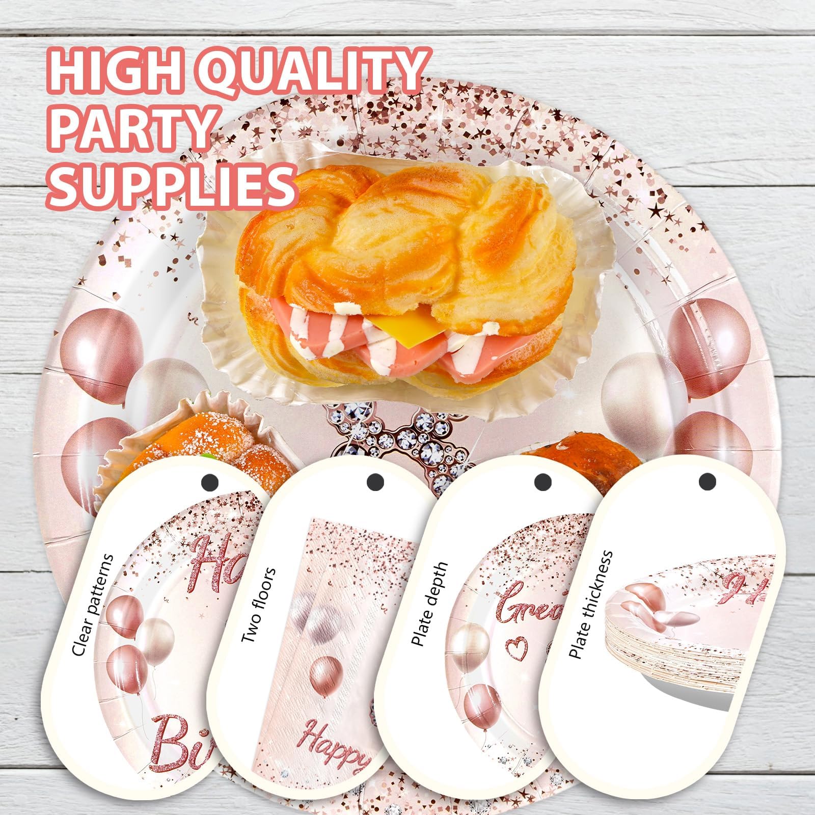 96 Pcs Rose Gold 8th Birthday Party Plates and Napkins - Grencian