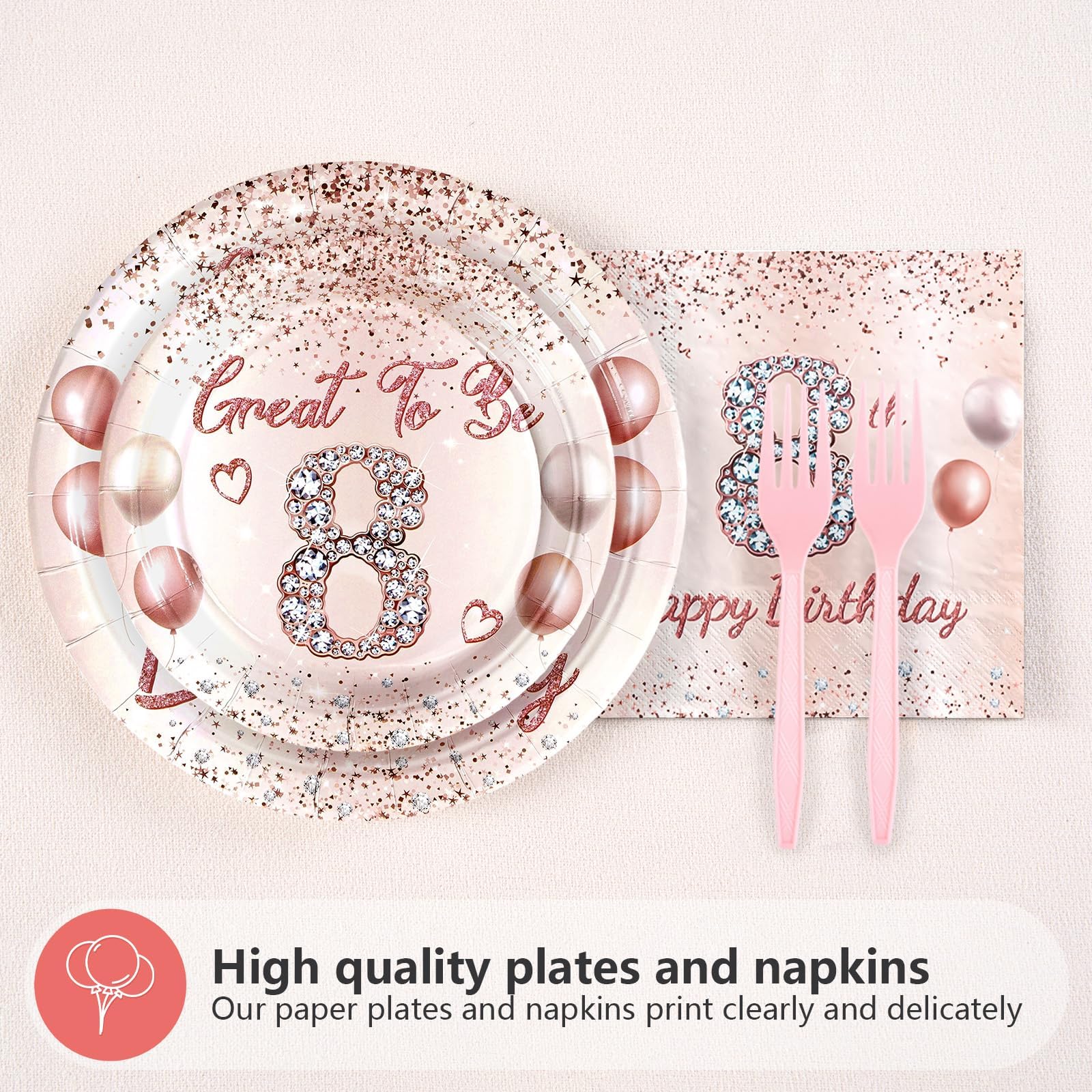 96 Pcs Rose Gold 8th Birthday Party Plates and Napkins - Grencian