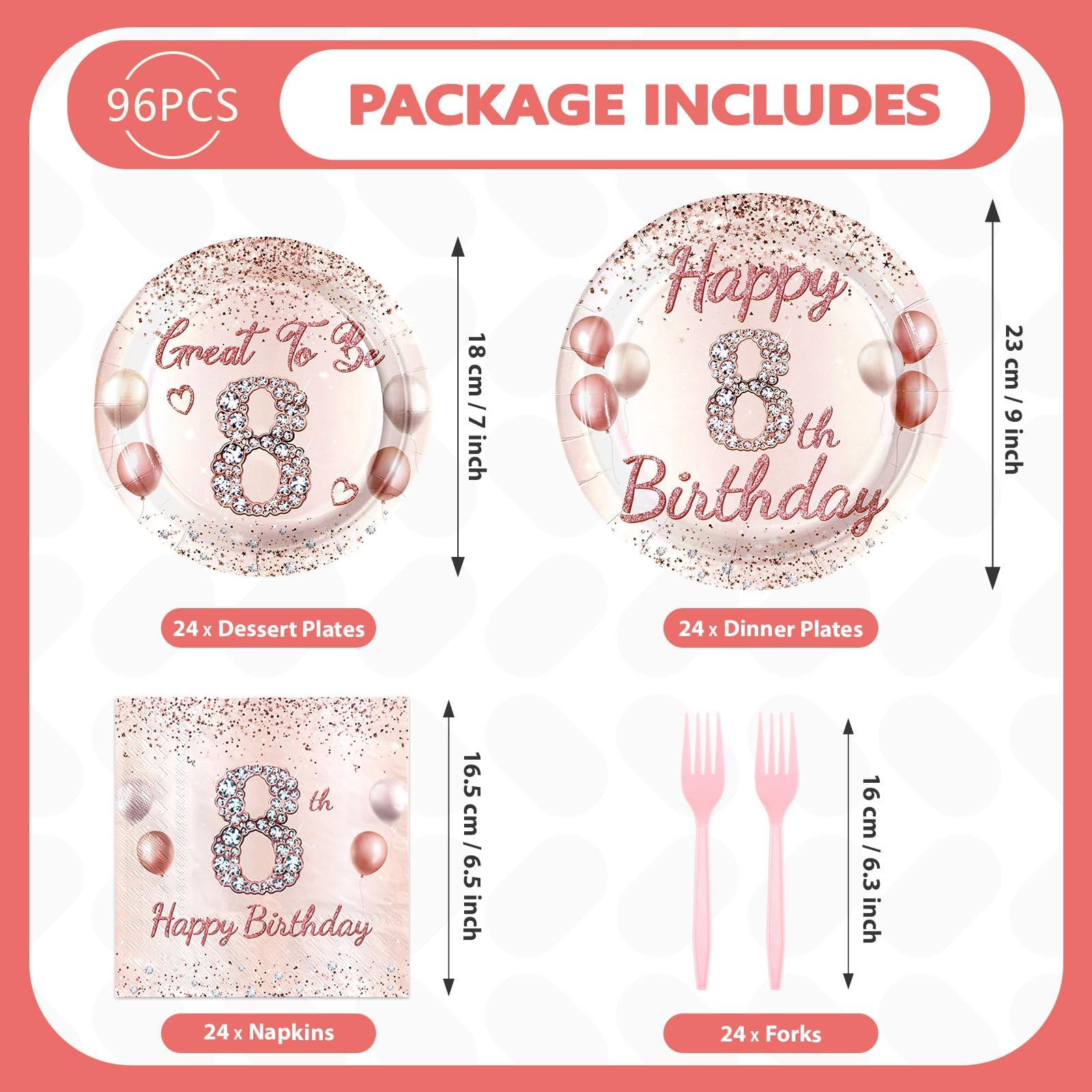 96 Pcs Rose Gold 8th Birthday Party Plates and Napkins - Grencian