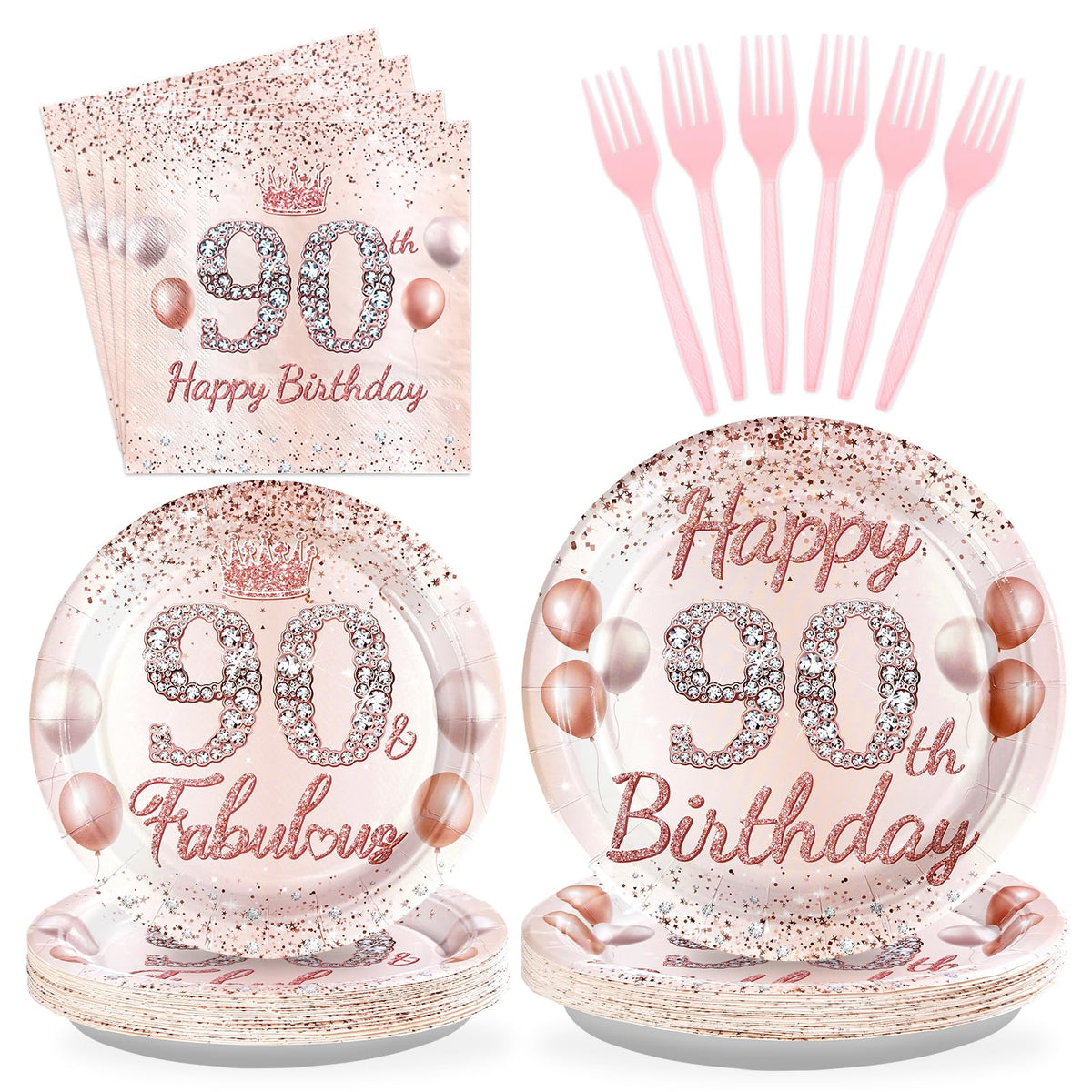 96 Pcs Rose Gold 90th Birthday Party Plates and Napkins - Grencian