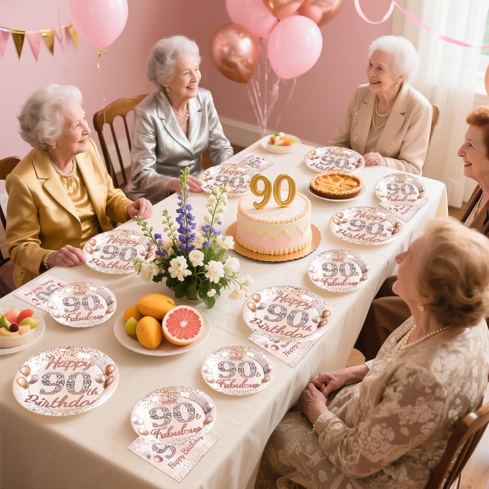 96 Pcs Rose Gold 90th Birthday Party Plates and Napkins - Grencian