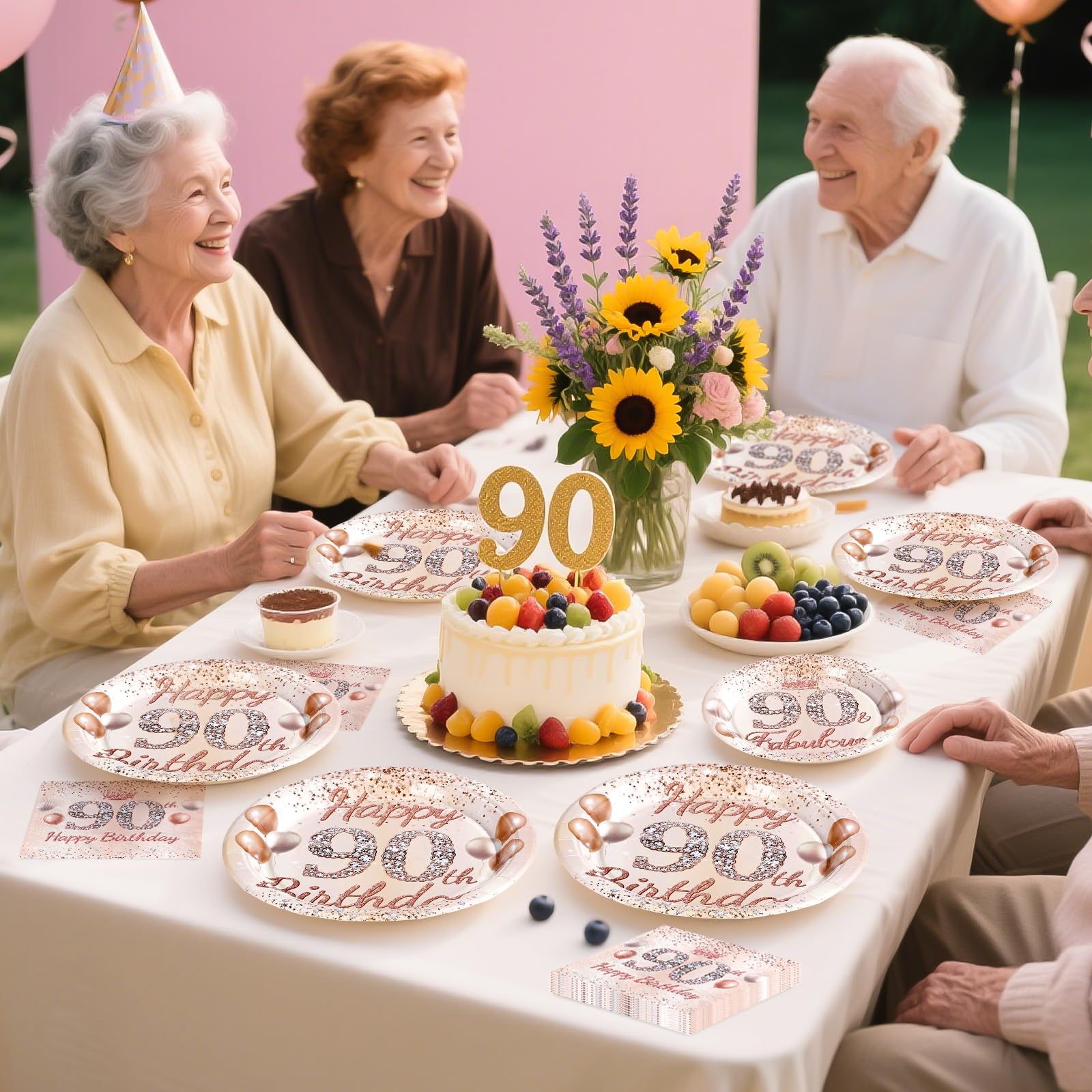 96 Pcs Rose Gold 90th Birthday Party Plates and Napkins - Grencian