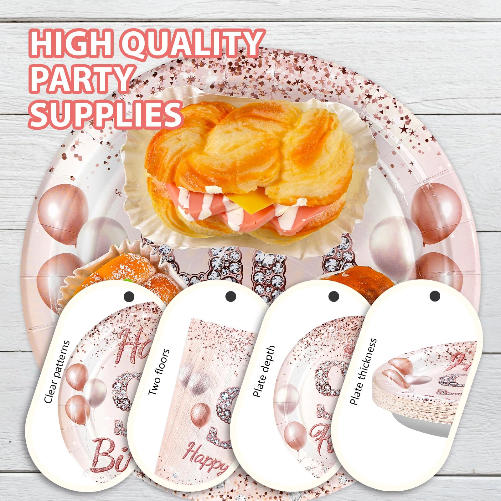 96 Pcs Rose Gold 90th Birthday Party Plates and Napkins - Grencian