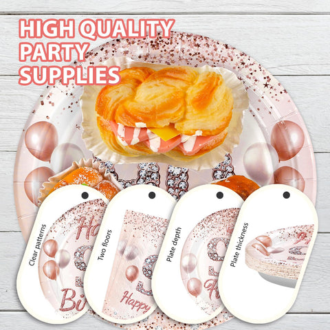96 Pcs Rose Gold 90th Birthday Party Plates and Napkins - Grencian
