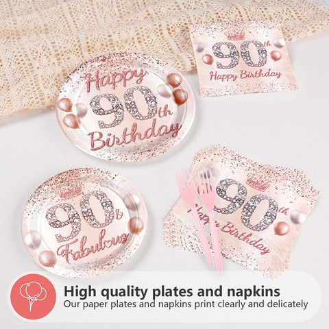96 Pcs Rose Gold 90th Birthday Party Plates and Napkins - Grencian