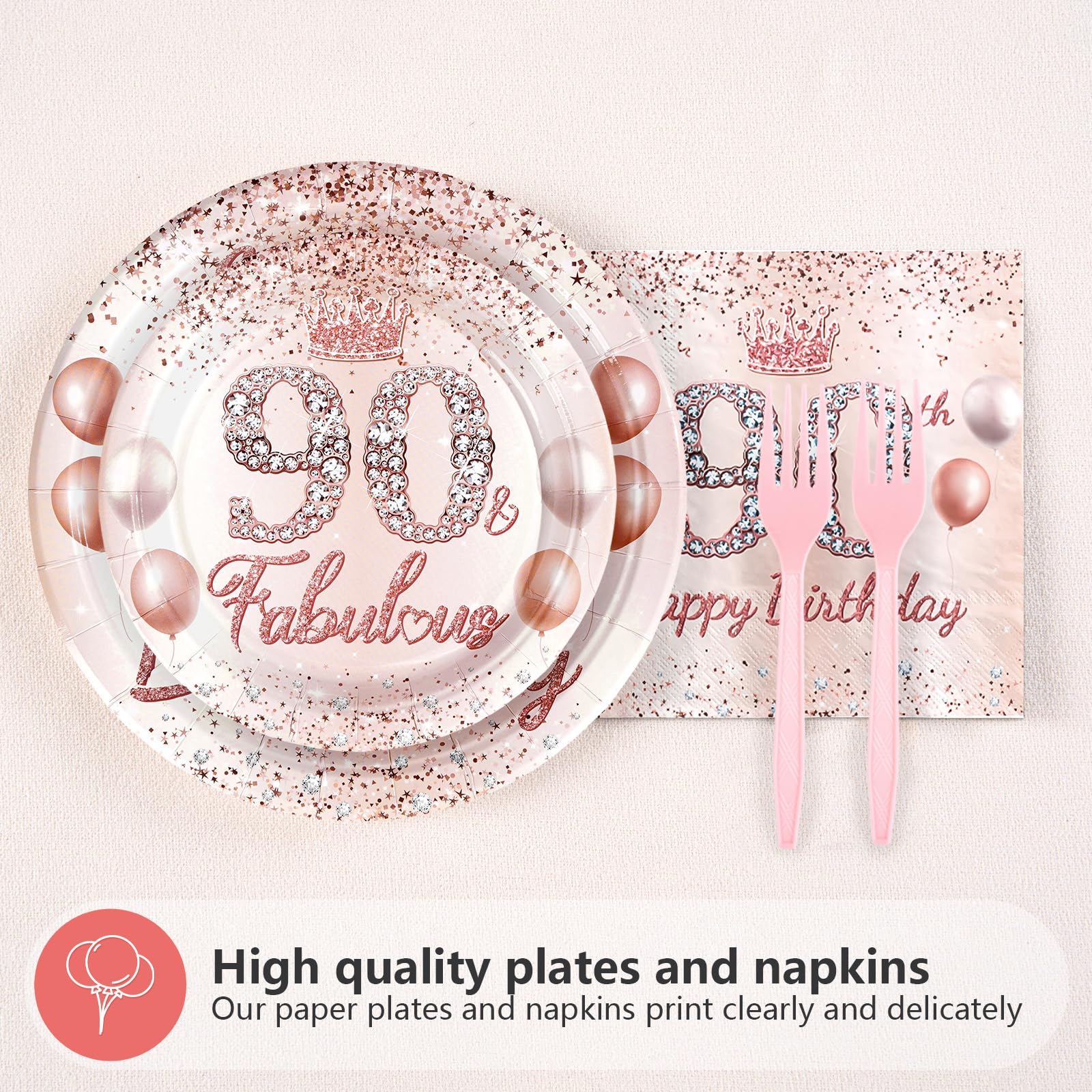 96 Pcs Rose Gold 90th Birthday Party Plates and Napkins - Grencian