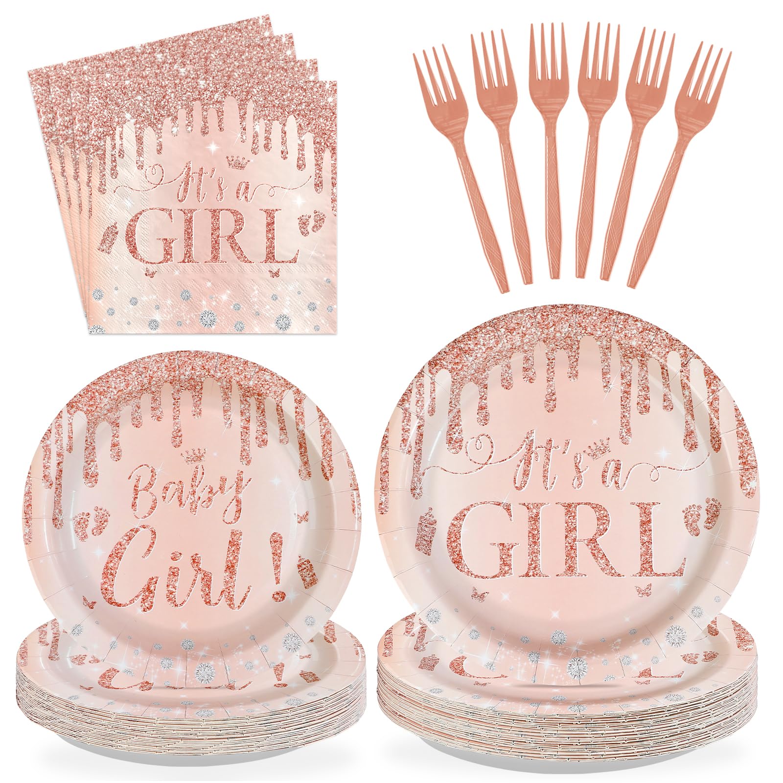 96 Pcs Rose Gold Baby Shower Party Plates and Napkins - Grencian