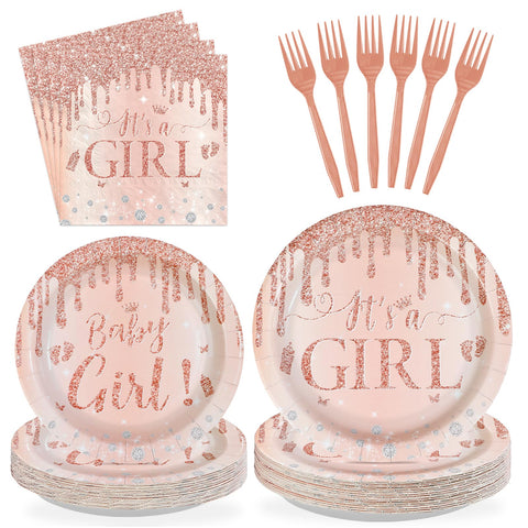 96 Pcs Rose Gold Baby Shower Party Plates and Napkins - Grencian