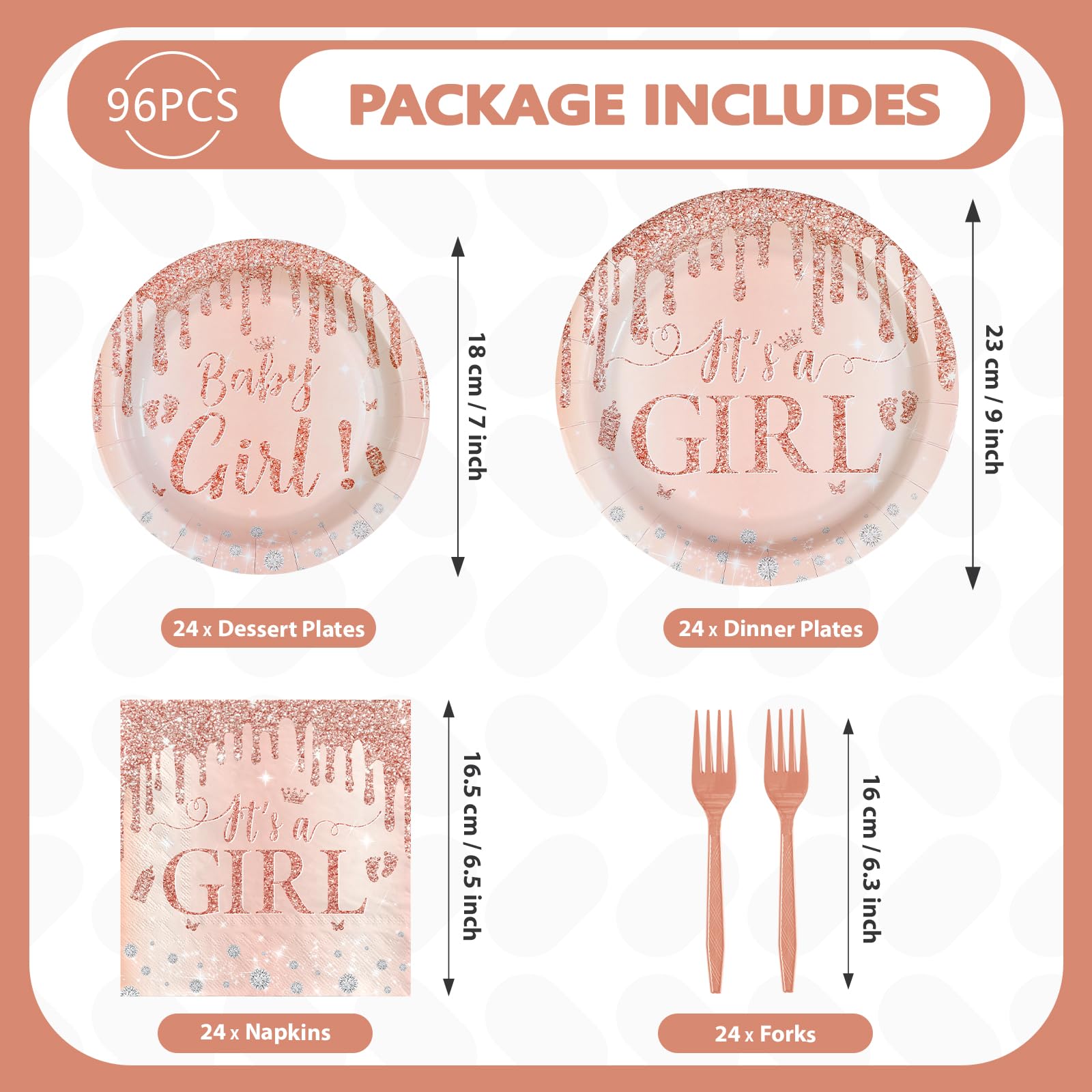 96 Pcs Rose Gold Baby Shower Party Plates and Napkins - Grencian