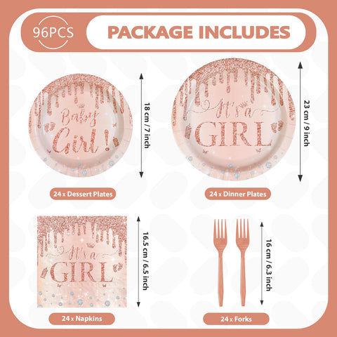 96 Pcs Rose Gold Baby Shower Party Plates and Napkins - Grencian