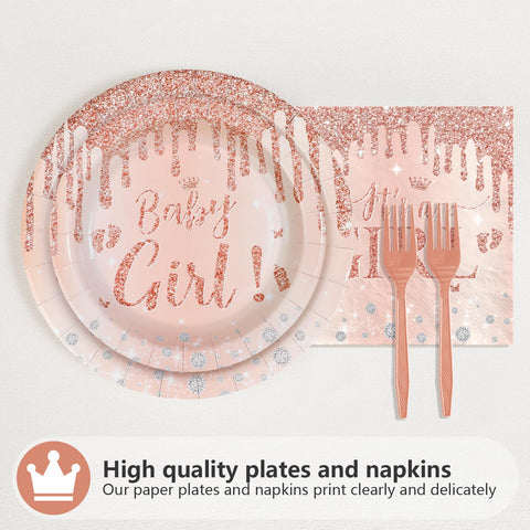 96 Pcs Rose Gold Baby Shower Party Plates and Napkins - Grencian