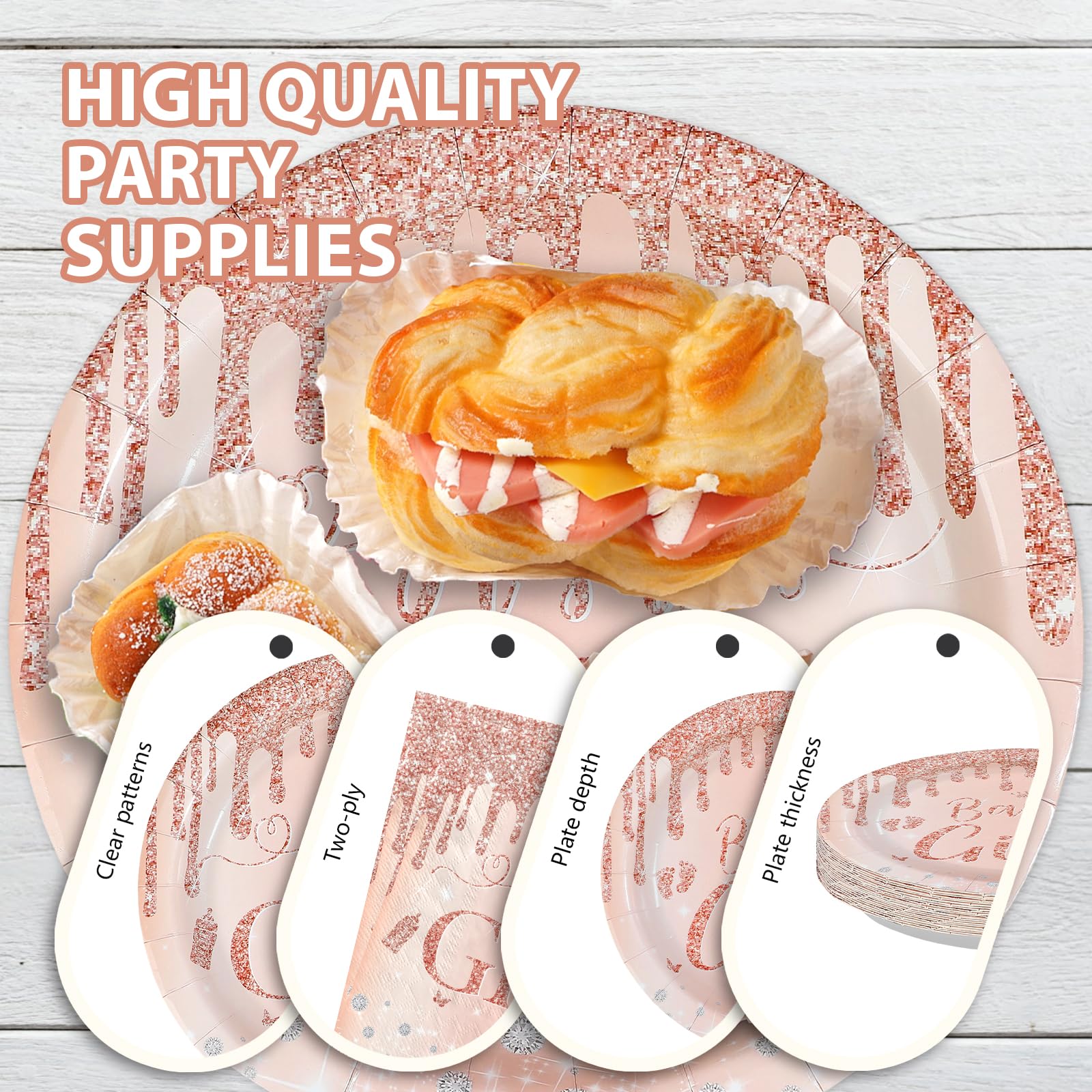 96 Pcs Rose Gold Baby Shower Party Plates and Napkins - Grencian