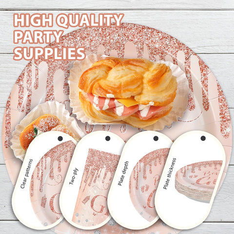 96 Pcs Rose Gold Baby Shower Party Plates and Napkins - Grencian