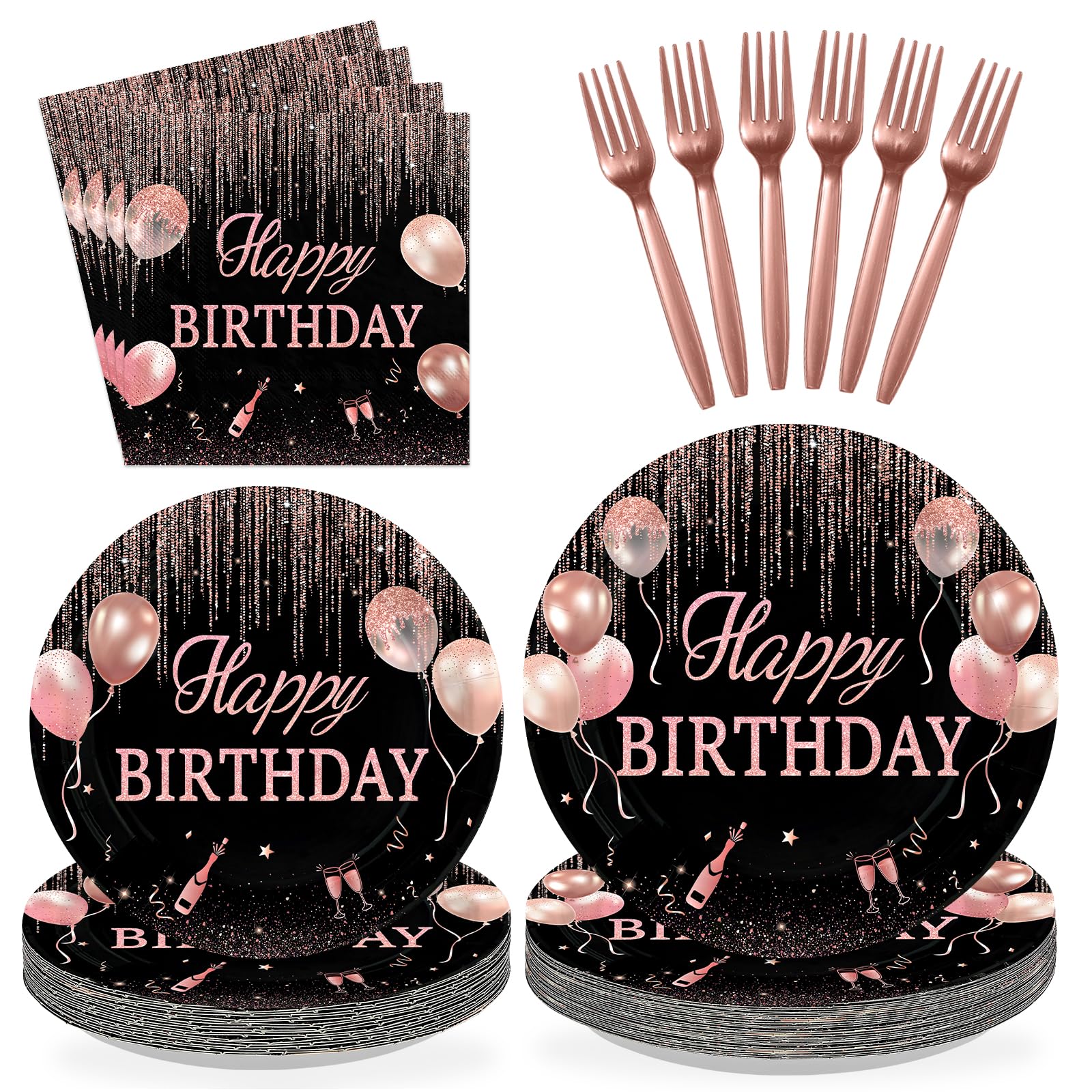 96 Pcs Rose Gold Birthday Party Plates and Napkins - Grencian