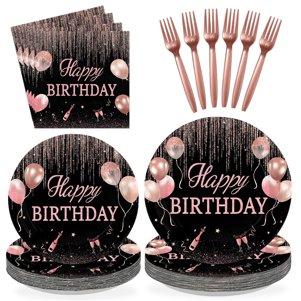 96 Pcs Rose Gold Birthday Party Plates and Napkins - Grencian