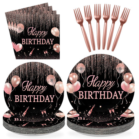 96 Pcs Rose Gold Birthday Party Plates and Napkins - Grencian