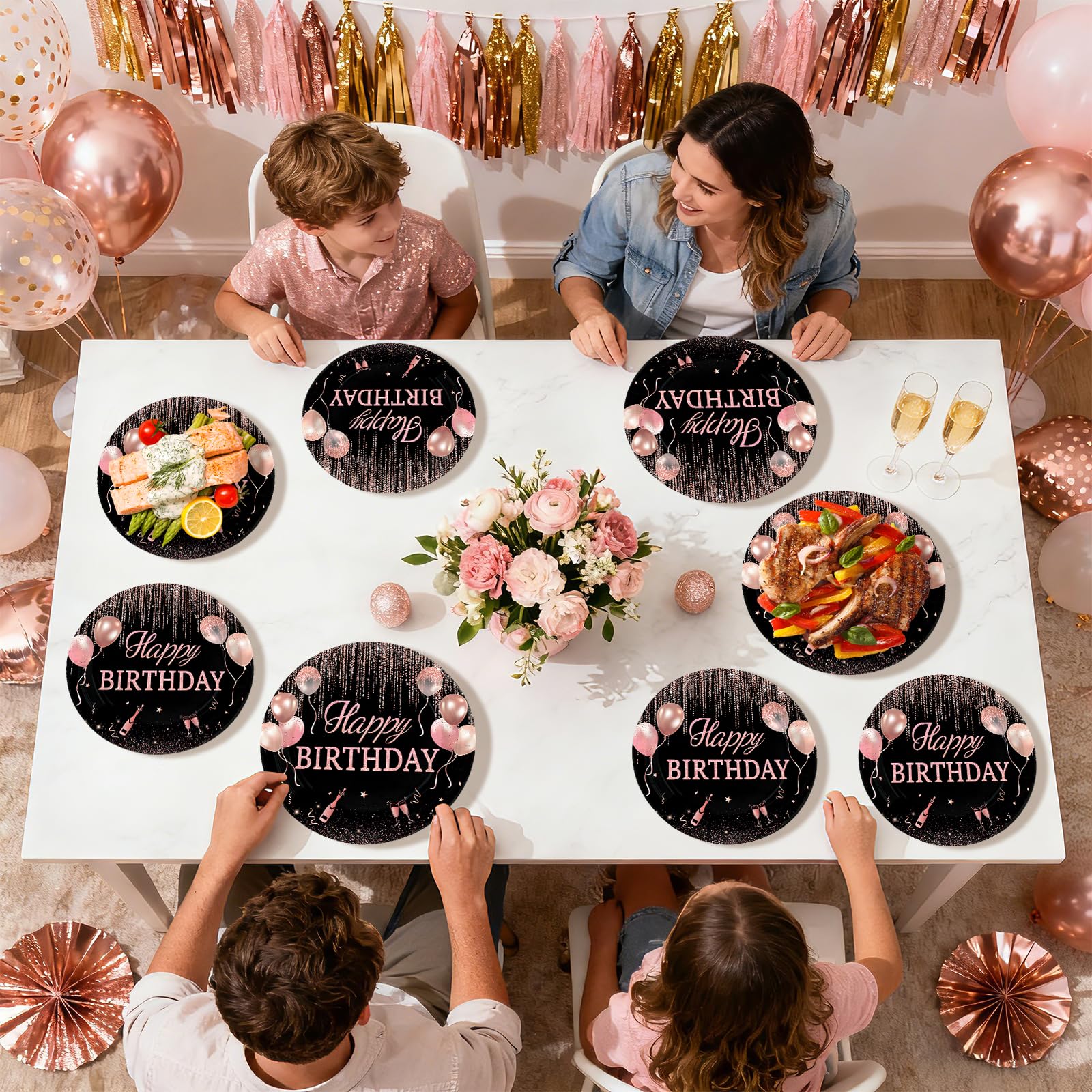 96 Pcs Rose Gold Birthday Party Plates and Napkins - Grencian