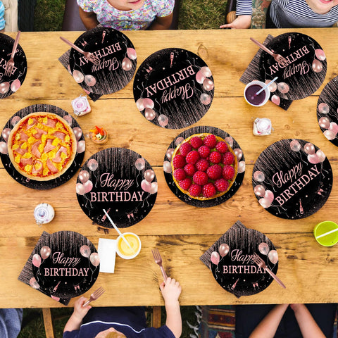 96 Pcs Rose Gold Birthday Party Plates and Napkins - Grencian