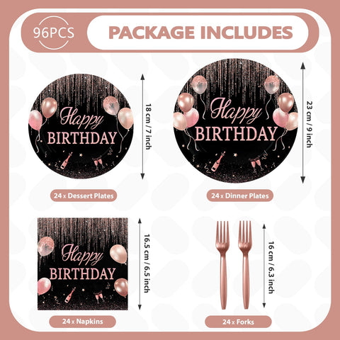 96 Pcs Rose Gold Birthday Party Plates and Napkins - Grencian