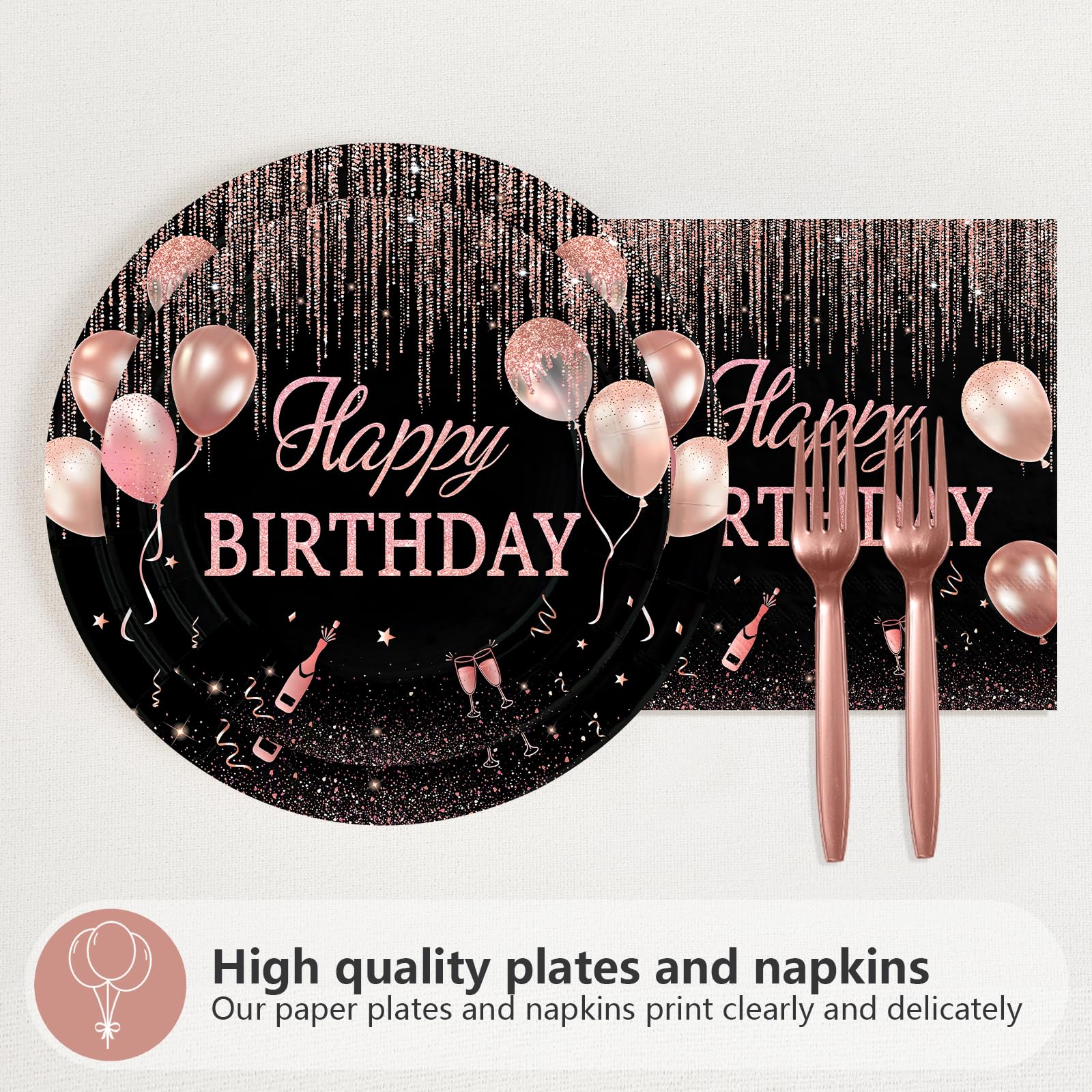 96 Pcs Rose Gold Birthday Party Plates and Napkins - Grencian