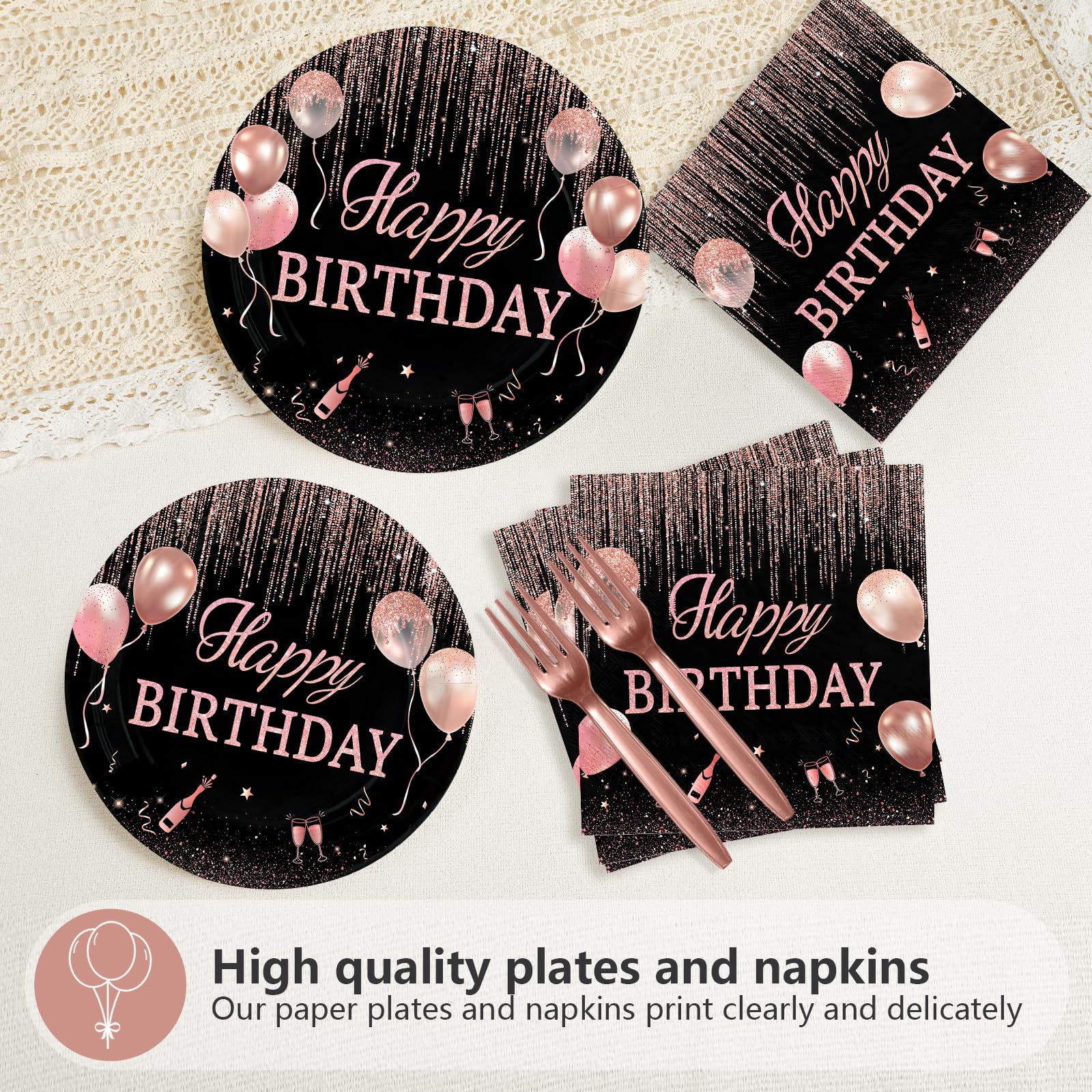 96 Pcs Rose Gold Birthday Party Plates and Napkins - Grencian