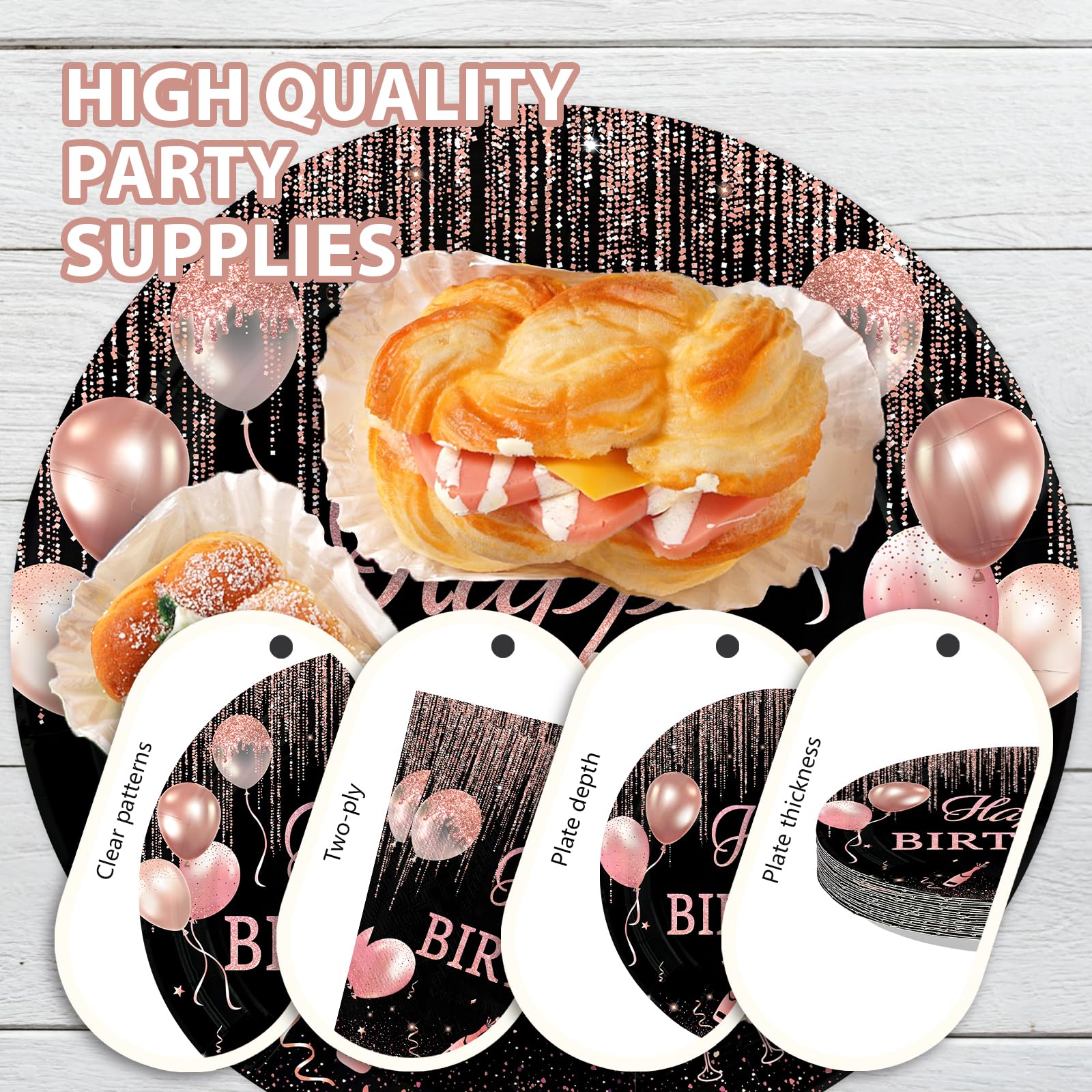 96 Pcs Rose Gold Birthday Party Plates and Napkins - Grencian