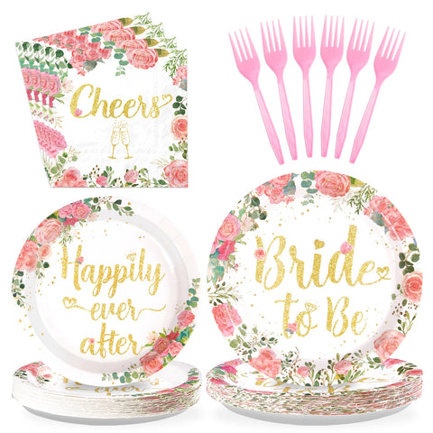 96 Pcs Rose Gold Bride Shower Party Plates and Napkins - Grencian