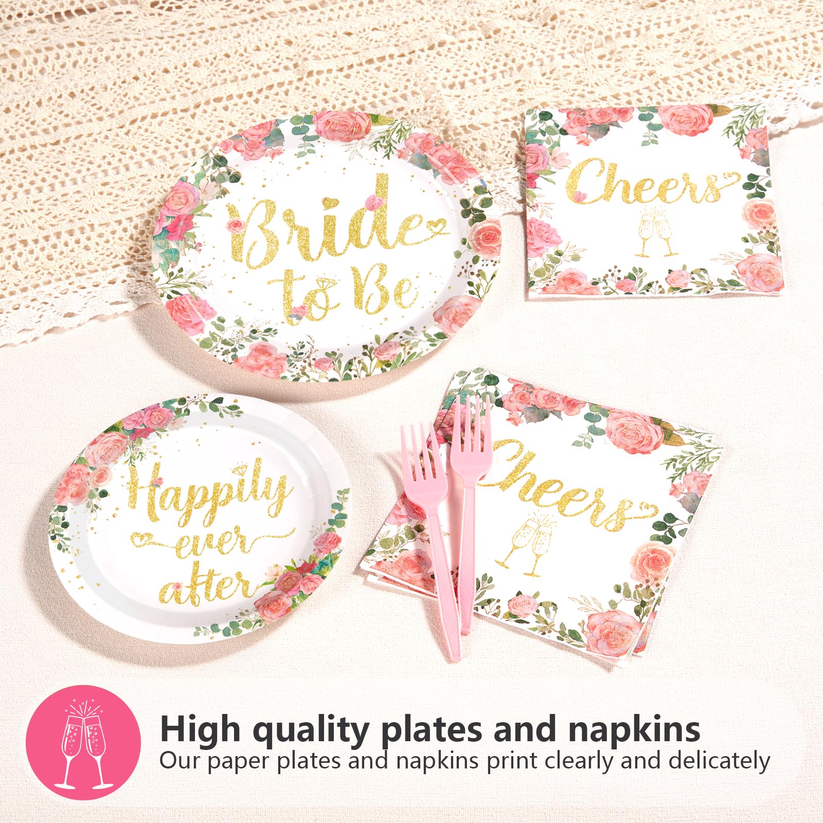 96 Pcs Rose Gold Bride Shower Party Plates and Napkins - Grencian
