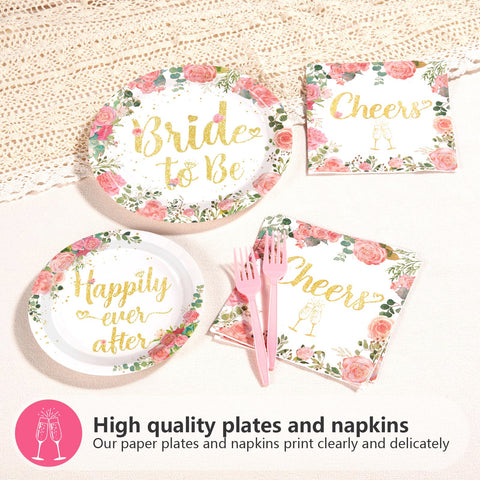 96 Pcs Rose Gold Bride Shower Party Plates and Napkins - Grencian