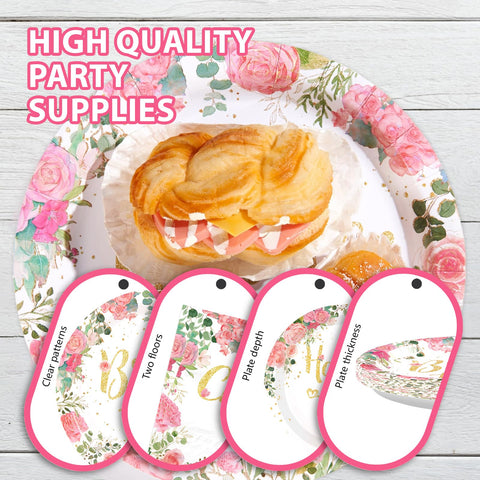 96 Pcs Rose Gold Bride Shower Party Plates and Napkins - Grencian
