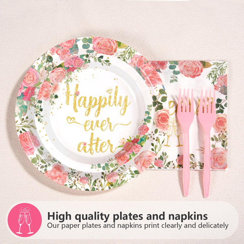 96 Pcs Rose Gold Bride Shower Party Plates and Napkins - Grencian