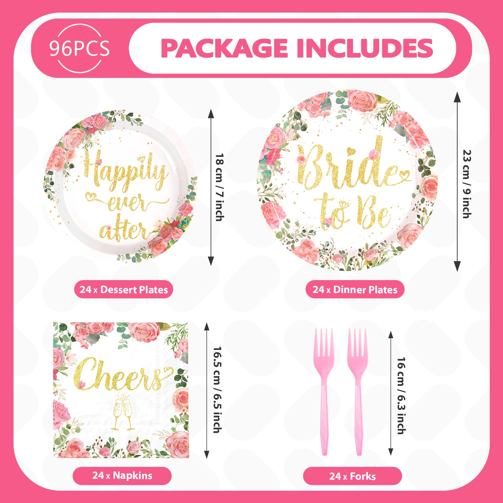 96 Pcs Rose Gold Bride Shower Party Plates and Napkins - Grencian