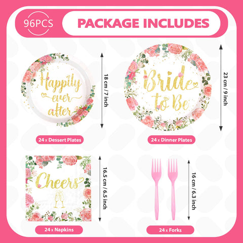 96 Pcs Rose Gold Bride Shower Party Plates and Napkins - Grencian
