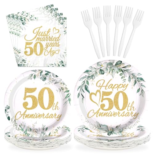 96 Pcs Sage 50th Wedding Anniversary Party Plates and Napkins - Grencian