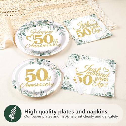 96 Pcs Sage 50th Wedding Anniversary Party Plates and Napkins - Grencian