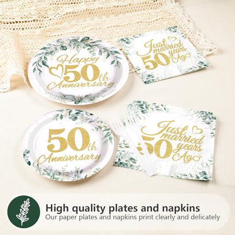 96 Pcs Sage 50th Wedding Anniversary Party Plates and Napkins - Grencian