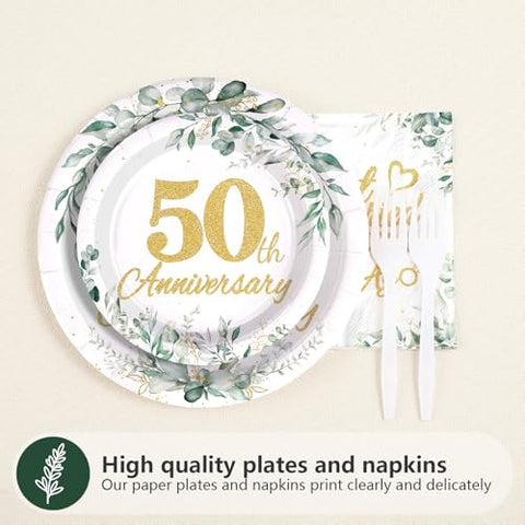96 Pcs Sage 50th Wedding Anniversary Party Plates and Napkins - Grencian