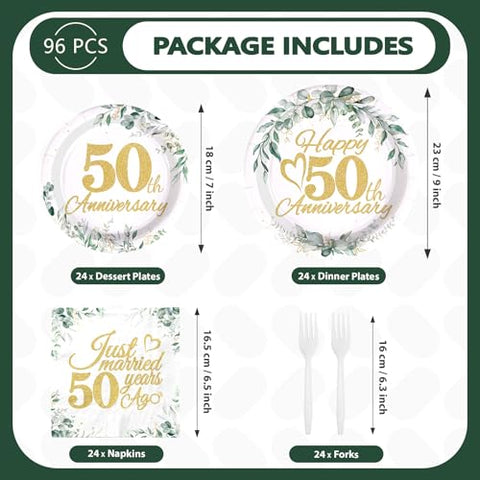 96 Pcs Sage 50th Wedding Anniversary Party Plates and Napkins - Grencian