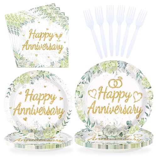 96 Pcs Sage Green Anniversary Party Plates and Napkins - Grencian