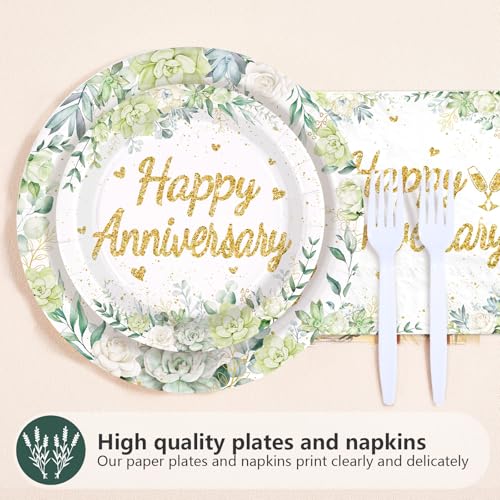 96 Pcs Sage Green Anniversary Party Plates and Napkins - Grencian