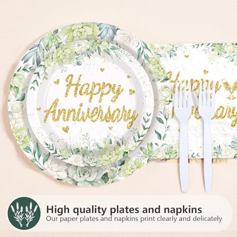 96 Pcs Sage Green Anniversary Party Plates and Napkins - Grencian