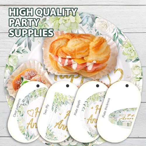 96 Pcs Sage Green Anniversary Party Plates and Napkins - Grencian